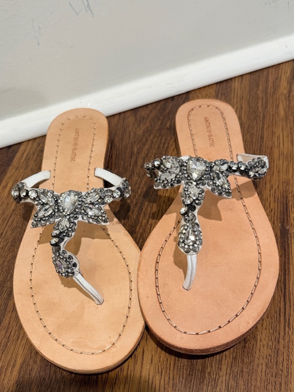 Antik Batik Embellished White Jewel-Trim Thong Sandals